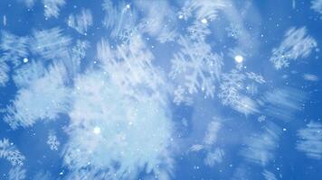 Snowflakes Blowing Forward Background 4K Loop features snowflakes and particles flying toward the viewer in a blue atmosphere in a loop. video