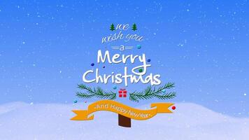 We Wish You a Merry Christmas Text Tree 4K Loop Features a blue background with snow falling and text in the shape of a Christmas tree saying we wish you a Merry Christmas animates on in a loop. video
