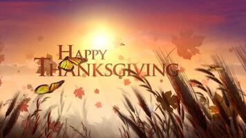 Happy Thanksgiving Harvest Field with Butterflies 4K loop features an autumn field with butterflies and a sun in the background and animated Happy Thanksgiving message in a loop. video