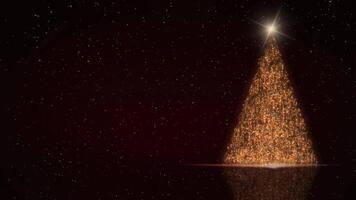 Golden Christmas Tree Particles Dark Red with Snow 4K Loop features a Christmas tree made of raining particles on a reflective dark red surface and background in a loop. video