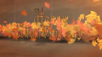 Happy Thanksgiving Rustic Sideways Blowing Leaves Reveal 4K Loop features Leaves blowing across a rustic scene with a camera panning with a Happy Thanksgiving message in a loop. video