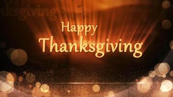 Happy Thanksgiving Autumn Lights with Particles 4K Loop features particle sparkles and bokeh lights with falling leaves in the background and a Happy Thanksgiving message in a loop. video