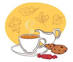 cup of steaming tea, chocolate chip cookies, a creamer, and wrapped red candy make cozy, inviting atmosphere for autumn poster, banner, card design vector