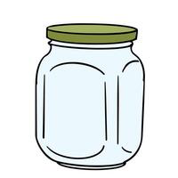 glass jar with ribs isolated on white background, hand drawn doodle illustration. Home empty container for storing jam, pickled vegetables for menu, cookbook, recipe, poster design. vector
