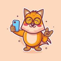 smiling fox animal character mascot taking a selfie with a smartphone isolated cartoon vector