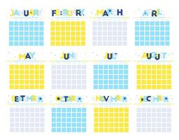 A colorful illustration of calendars for designed as an annual planner showcasing days, vector