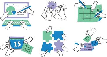 Illustrative set of hand gestures in teamwork, showcasing collaboration, planning, organizing, and productivity in a professional environment. vector
