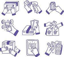 Illustrative set of hand gestures in e-commerce, highlighting payment, packaging, and customer interaction in digital commerce. vector