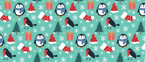 Christmas pattern with penguin, Christmas stocking, trees and gifts. vector