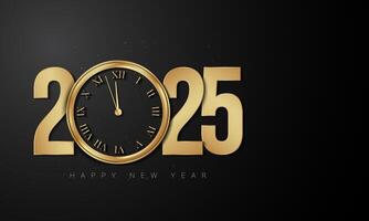 2025 Happy New Year Background Design with golden number and antique golden clock. vector