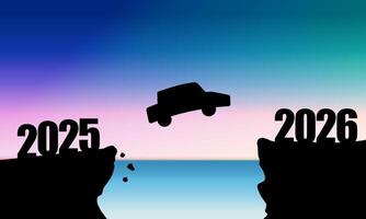 2026 New Year Background Design with illustration of a car jumps from land with 2025 written on it to land with 2026 written on it vector