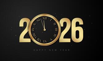 2026 Happy New Year Background Design with vintage golden clock. vector