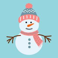 Cute snowman in warm hat and scarf. Christmas funny winter character. flat hand drawn illustration. vector