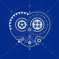 concept of artificial intelligence advancement, graphic of heart shape combined with cogwheel element and blueprint vector