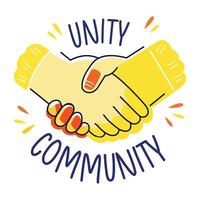 Handshake with text unity community, flat style sticker vector