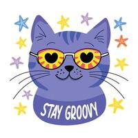 A flat sticker of a cool cat wearing heart-shaped sunglasses with the text stay groovy vector