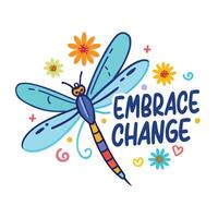 A flat sticker of colourful dragonfly and flowers with text vector