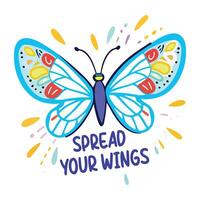 A flat sticker of butterfly wings with spread your wings text vector