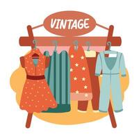 A flat sticker of a vintage clothing rack with various dresses hanging on it vector