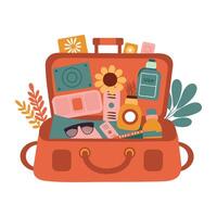 A flat sticker of an open suitcase filled with travel essentials vector