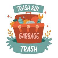 A flat sticker of a trash bin filled with garbage vector