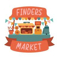 A flat sticker of a market stall called Finders Market vector