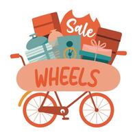 A flat sticker featuring a bicycle overflowing with items depicting wheels sale vector
