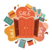 Flat sticker featuring an open door with various items surrounding it, perfect for doorway deals vector