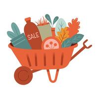 A flat sticker featuring a wheelbarrow filled with plants and gardening supplies, perfect for a garden sale vector