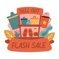 A flat sticker of shopping rack with various items with flash sale words vector