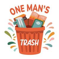 A flat sticker featuring a trash can filled with items, vector