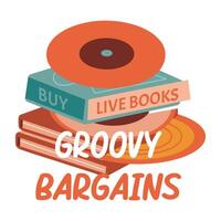 A flat sticker featuring a stack of vinyl records and books with groovy bargains typography vector