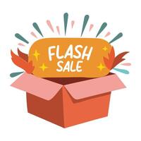 A flat sticker featuring an open box with flash sale typography vector