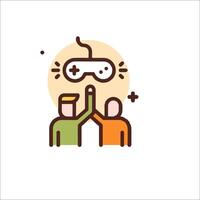 Two people are holding up a controller with a game controller icon vector