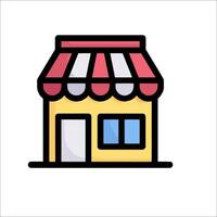 A small shop with a red awning on it vector