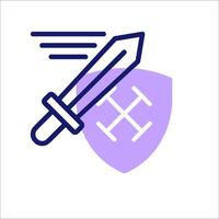 A purple and white icon with a sword and shield vector