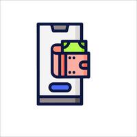 A phone with money in it is shown in a line vector