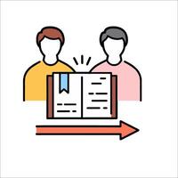 Two people are reading a book with an arrow pointing to it vector