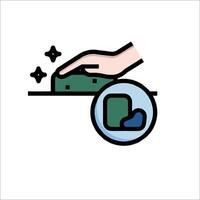 A hand is holding a green sponge over a green object vector