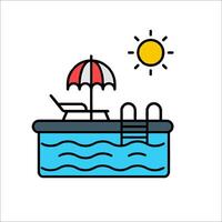 A swimming pool with an umbrella and chairs vector
