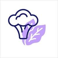 A purple and white icon of a broccoli and leaf vector