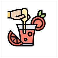 A hand is holding a drink and a slice of fruit vector