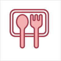 A red and white icon of a fork and spoon vector