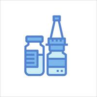 A bottle and a syringe are shown in a line vector