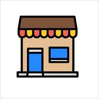 A small store with a red awning and a blue roof vector