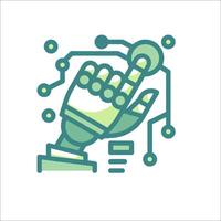 A robot hand holding a button and pointing at it vector