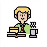 A man with a book and coffee is sitting at a desk vector
