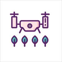 A purple and green drone flying over a field of plants vector