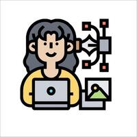 A woman is working on a laptop with a camera vector