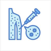 A syringe and a needle are shown in a blue line vector